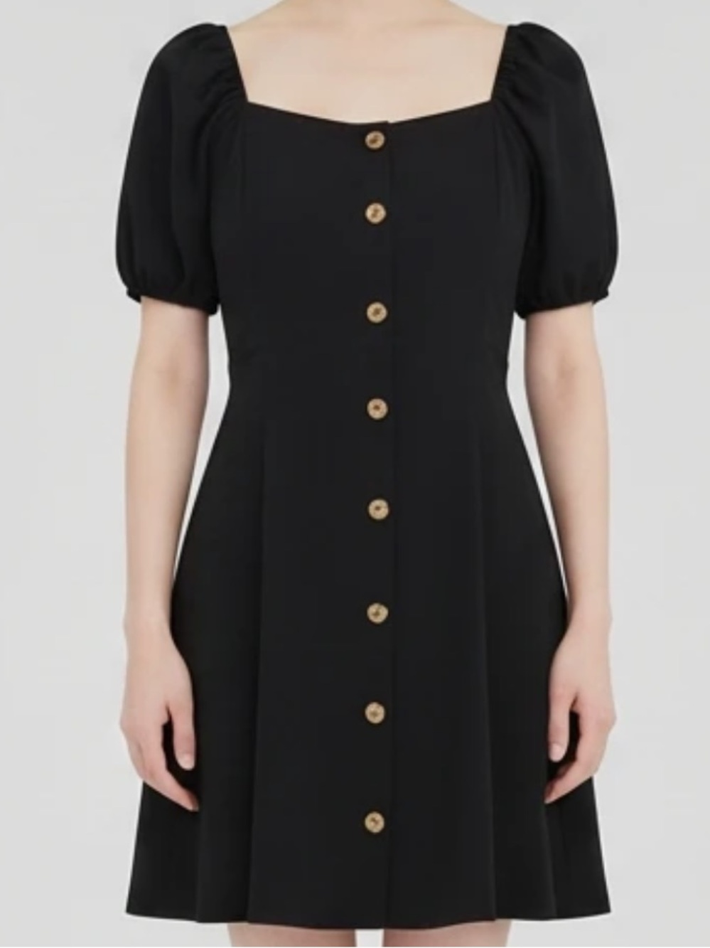 Fitted square neck tortoise shell button knot black dress sz small free assembly